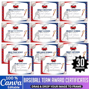 30 Baseball Certificate Awards Canva Editable Template, Baseball T-Ball Team Party, Printable Baseball End-of-Season Award Sport Certificate