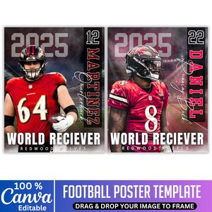May include: Two football poster templates featuring players in red uniforms. One poster displays a player with the number 64, the other with the number 8. Both posters include the text "WORLD RECIEVER" and team names.