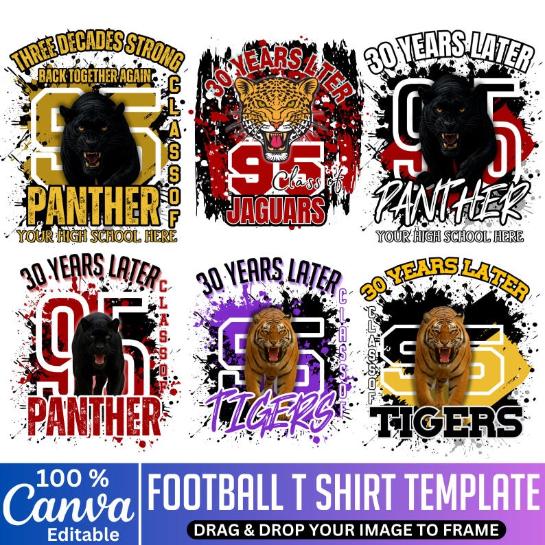May include: Football T-shirt templates featuring animal mascots. Designs include a black panther, jaguar, and tiger with the text "30 Years Later" and "Class of '95". The text "Your High School Here" is also included.