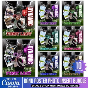 May include: A bundle of 10 editable band poster designs. Each poster features a high school band member playing a trumpet, with space for a photo insert. Includes text that says "Let's Try", "High School", "Dynamic", and "First Last".