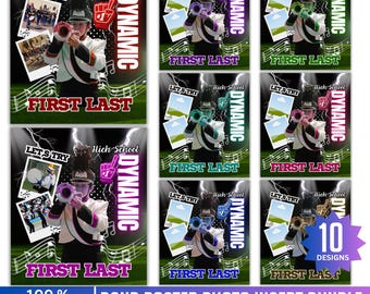 May include: A bundle of 10 editable band poster designs. Each poster features a high school band member playing a trumpet, with space for a photo insert. Includes text that says "Let's Try", "High School", "Dynamic", and "First Last".