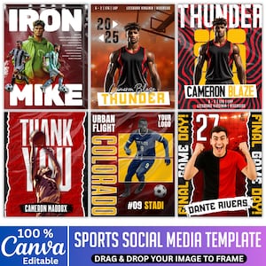 K&ouml;nnte beinhalten: Eine Sammlung von Social-Media-Vorlagen f&uuml;r Sportarten mit verschiedenen Athleten und Teamnamen. Die Vorlagen verf&uuml;gen &uuml;ber fetten Text, dynamische Grafiken und ein modernes Design. Die Vorlagen sind anpassbar und enthalten das Canva-Logo.