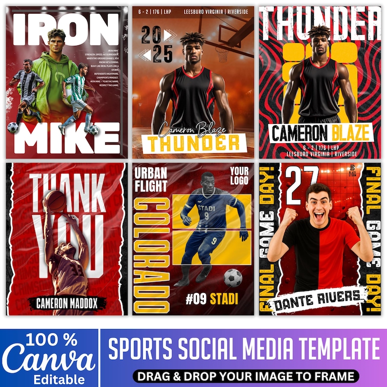 K&ouml;nnte beinhalten: Eine Sammlung von Social-Media-Vorlagen f&uuml;r Sportarten mit verschiedenen Athleten und Teamnamen. Die Vorlagen verf&uuml;gen &uuml;ber fetten Text, dynamische Grafiken und ein modernes Design. Die Vorlagen sind anpassbar und enthalten das Canva-Logo.