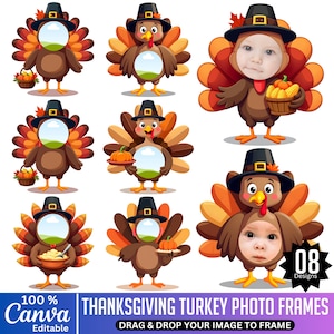 May include: Thanksgiving turkey photo frames with a variety of designs. Each turkey illustration is brown with colorful tail feathers, a pilgrim hat, and a circular space for a photo. The text reads "Thanksgiving Turkey Photo Frames" and "Drag & Drop Your Image to Frame."