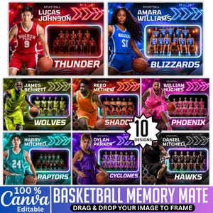 Peut inclure: Un design numérique présentant 10 modèles d'équipes de basket-ball. Chaque modèle comprend un portrait de joueur, le nom de l'équipe et la liste des joueurs. Le design comprend le texte "Basketball Memory Mate" et "10 Designs".