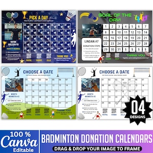 04 Badminton Calendar Canva Editable Template, Custom Badminton Fundraiser, Pick Date to Donate Canva Template, Badminton Donation Calendar