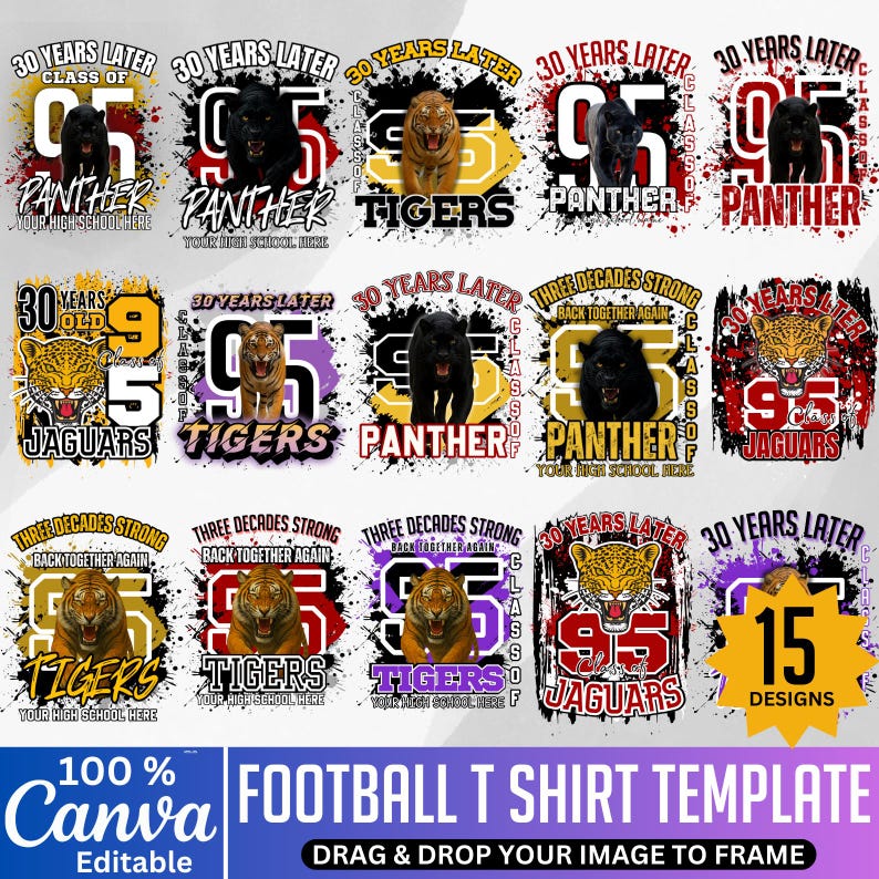 May include: A selection of 15 football t-shirt templates. Each design includes a school mascot, the text "30 Years Later", and the school name. The templates are editable using Canva.