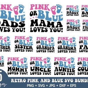Paquete SVG retro rosa o azul "Te amamos", SVG retro de revelación de género, SVG rosa o azul "Mamá y papá te amo", SVG retro rosa o azul