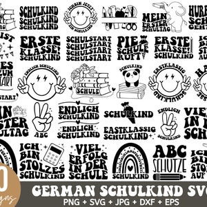 Deutsche Schulkind Plotterdatei SVG Bundle, Schuleinführung SVG, Motivationssprüche svg, erste Klasse svg, Buch Banner Rucksack