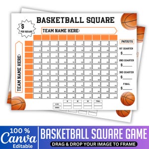 May include: A basketball square game sheet with an orange and white design. The sheet includes spaces for team names, numbers, and payout information. Basketballs are in the corners. The text "Basketball Square Game" is at the top.