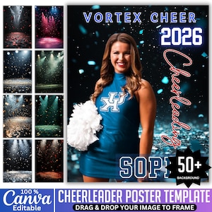 Cheerleader Poster Canva Editable Template, Custom Cheer Digital Background, Senior Cheer Team Poster, 50 Cheerleading Backdrops Bundle