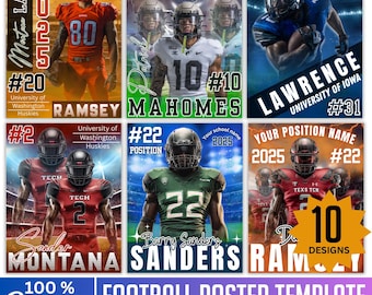 May include: A collection of football poster templates with various player images. Each poster features a player's name, number, and team details. The posters are customizable and include the text "FOOTBALL POSTER TEMPLATE".