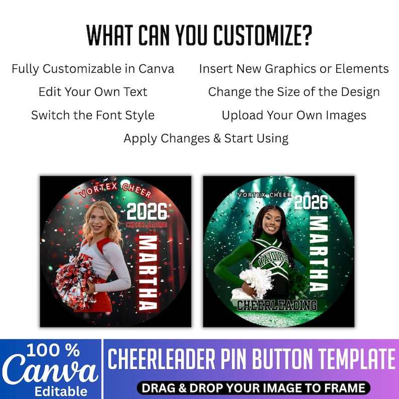 Cheerleader Pin Button Template, Canva Editable Cheerleader Sticker ...