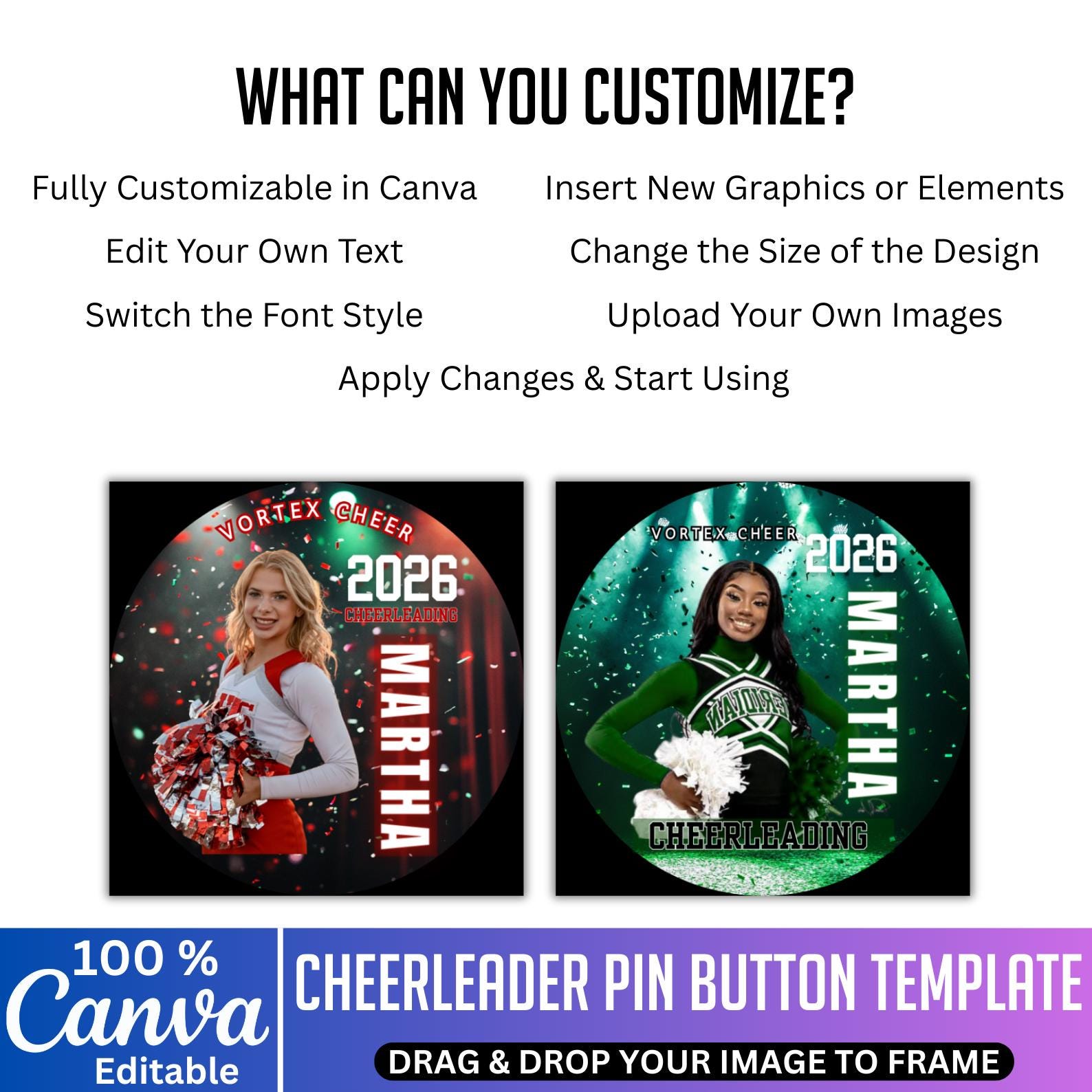 Cheerleader Pin Button Template, Canva Editable Cheerleader Sticker ...