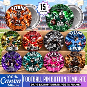 Puede incluir: Una colección de 15 plantillas de botones de pin de fútbol circulares con varios jugadores profesionales en uniformes de equipo, incluidos Titans, Mustangs, Packers, Chiefs, Cowboys, Panthers, Eagles y Ravens, con fondos de estadio dinámicos.