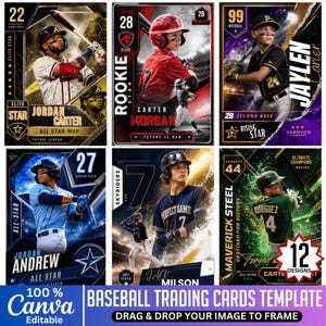 May include: A collection of six baseball trading card templates featuring various players in uniforms with dynamic action poses, bold typography, and star-themed borders. The designs include text like Jordan Carter, Carter Morgan, Jaylen Carter, Jordan Andrew, and Jack Milson.