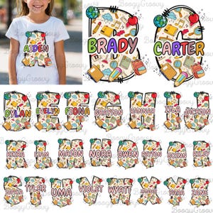 Alfabeto con nombre personalizado, nombre del estudiante, PNG, alfabetos personalizados para el regreso a clases, PNG, lápiz Groovy, PNG, lápiz Apple, PNG, camiseta de estudiante