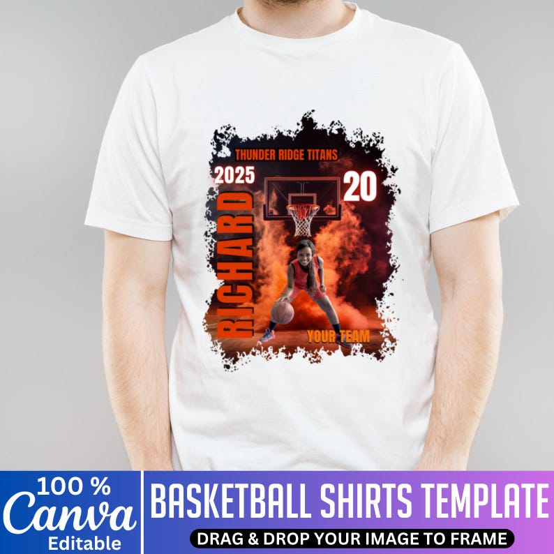 May include: White t-shirt featuring a basketball design with a player dribbling a ball. The design includes the text "Thunder Ridge Titans", "2025", "20", and "RICHARD". The shirt is a template for basketball shirts.