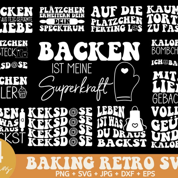 Backen Retro SVG Bündel, Kochvektor svg, Baking Retro PNG Clipart, Quotes, German Bundle, Küchen Clipart Set, Backen SVG Paket