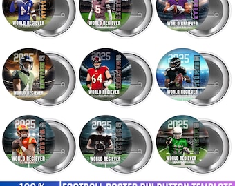 May include: A collection of nine football-themed pinback buttons. Each button features a player image, the year 2025, and the text "WORLD RECIEVER". The buttons have a metallic silver border and a pin backing. The bottom text reads "FOOTBALL POSTER PIN BUTTON TEMPLATE".