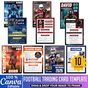 May include: A collection of ten football trading card templates. Each card features a player's name, position, and statistics. The cards have a variety of designs, including blue, red, and orange backgrounds. The template is 100% editable in Canva.