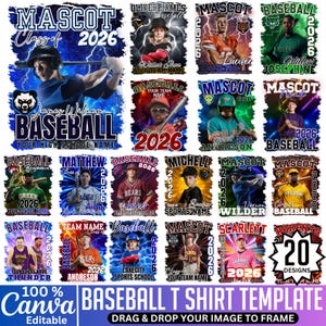 Può includere: Una collezione di modelli di magliette da baseball con vari design. Ogni modello presenta un'immagine del giocatore, il nome della squadra e l'anno 2026. I design includono diverse combinazioni di colori e grafiche di mascotte. Il testo "BASEBALL T SHIRT TEMPLATE" è visualizzato in basso.