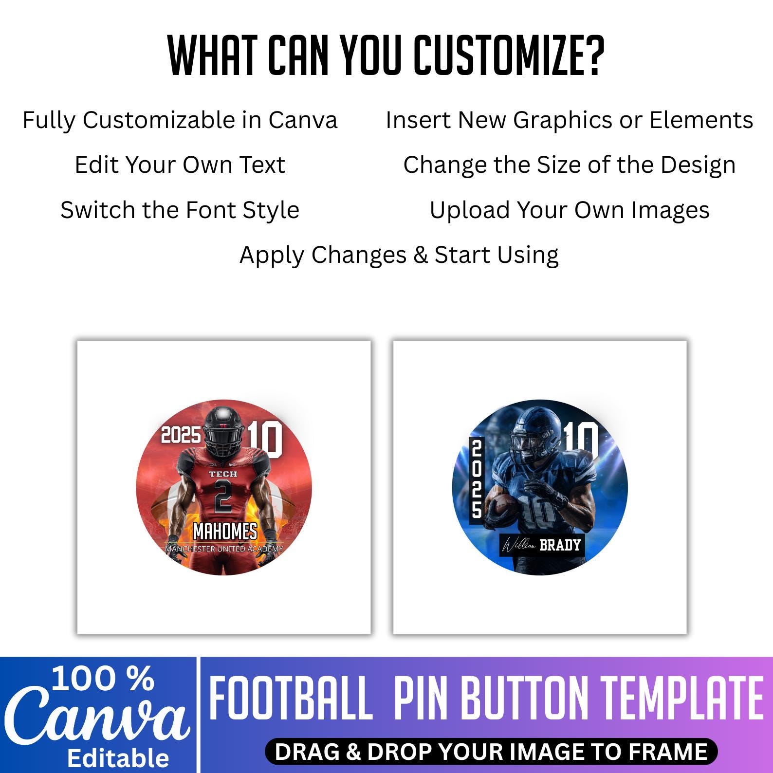 Football Back Button Football Pin Button Template Bundle, Canva Editable Football Sticker ...