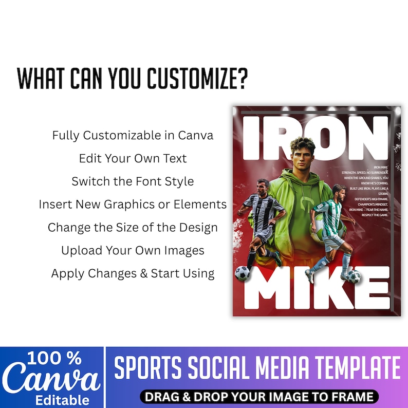 K&ouml;nnte beinhalten: Sport-Social-Media-Vorlage mit dem Text "IRON MIKE" und einem Fu&szlig;ballspieler-Bild. Die Vorlage ist in Canva vollst&auml;ndig anpassbar und erm&ouml;glicht das Bearbeiten von Text, &Auml;ndern von Schriftarten, Einf&uuml;gen von Grafiken und Hochladen von Bildern.