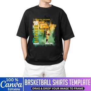 May include: Black t-shirt featuring a basketball player graphic with the name "Richard" and the text "Basketball High School 2025". The shirt also includes the text "Raipher" and "Basketball". The bottom of the image has the text "Basketball Shirts Template".