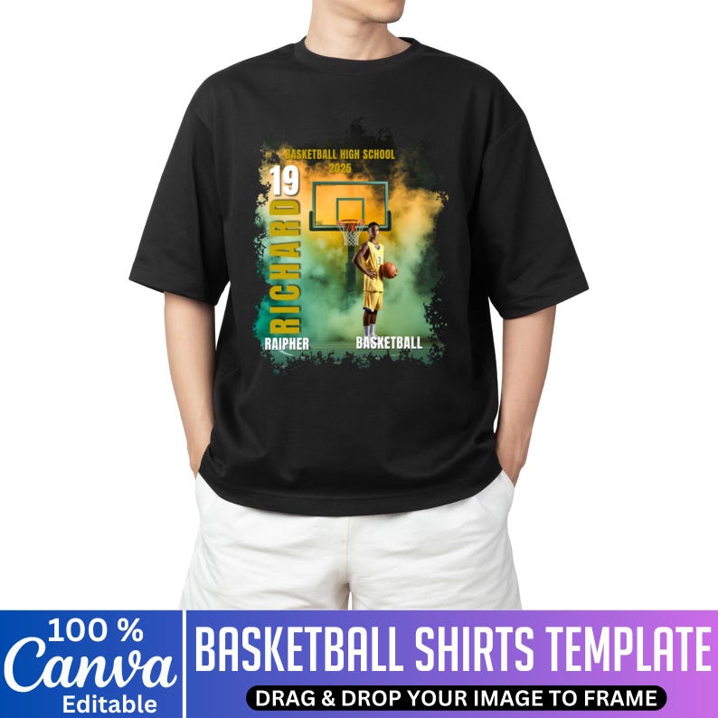 May include: Black t-shirt featuring a basketball player graphic with the name "Richard" and the text "Basketball High School 2025". The shirt also includes the text "Raipher" and "Basketball". The bottom of the image has the text "Basketball Shirts Template".