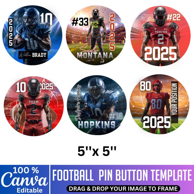 Football Pin Button Template Bundle, Canva Editable Football Sticker ...