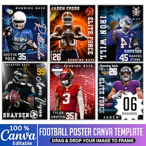 May include: A Canva template for football posters. The design features six different football player designs with text that reads "Elite Force", "Iron Will", and "The Innovator". The template is 100% editable.