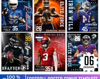 May include: A Canva template for football posters. The design features six different football player designs with text that reads "Elite Force", "Iron Will", and "The Innovator". The template is 100% editable.