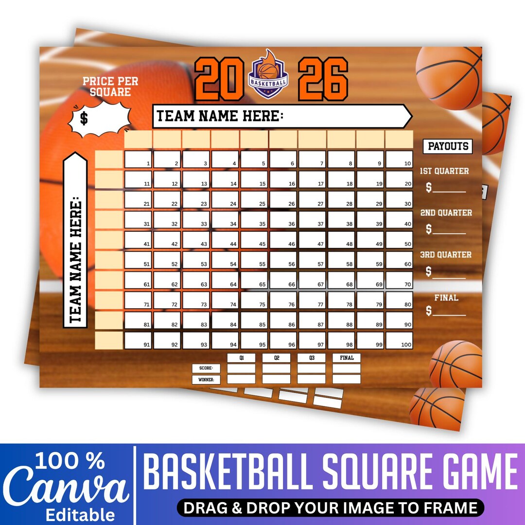 Basketball Squares Template, Canva Editable Square Grid Pool, March ...
