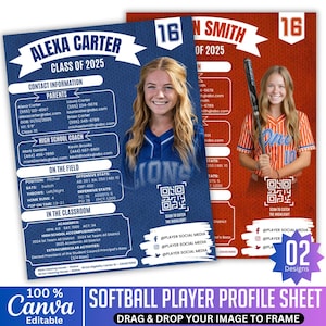 Softball Player Profile Sheet, Sports Recruiting Profile , Athlete Player Profile, Resume For Any Sheet , Canva Template, Digital Download