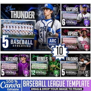 Op de afbeelding: Een digitaal honkbalcompetitie-sjabloon met 10 aanpasbare ontwerpen, teamfoto's, spelersportretten en opvallende tekstoverlays zoals Thunder, Raptors, Vipers, Blizzard, Rebels en Falcons. Het ontwerp bevat ARC Baseball-branding.