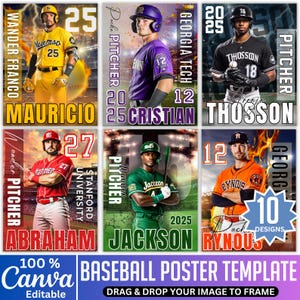 May include: A baseball poster template featuring six different player designs. Each design includes a player's name, number, and team colors. The template includes the text "BASEBALL POSTER TEMPLATE" and "DRAG & DROP YOUR IMAGE TO FRAME".