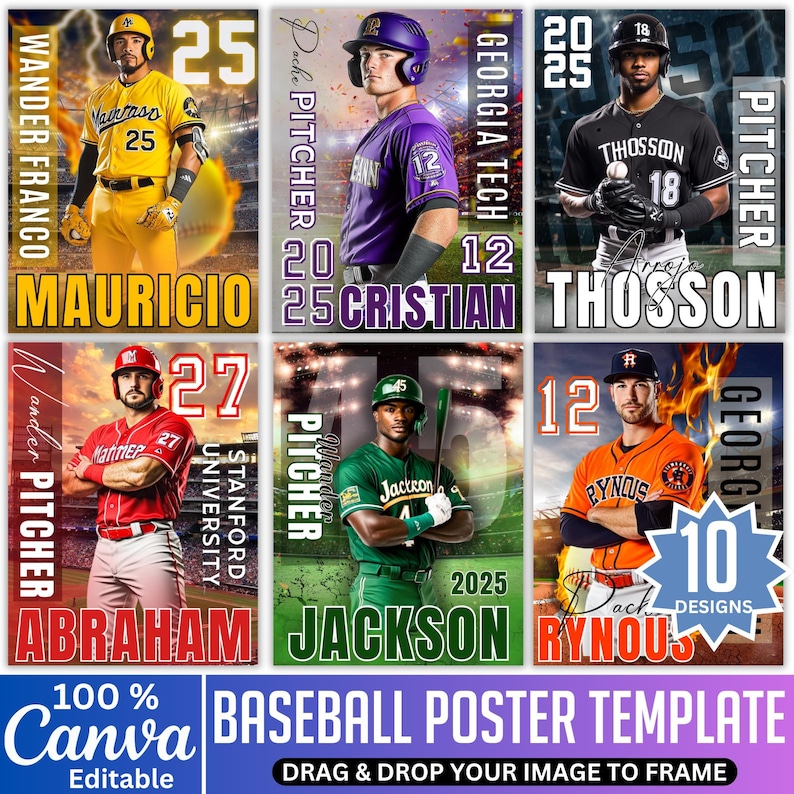 May include: A baseball poster template with six player designs, each with a name, number, and team colours. The template includes the text "BASEBALL POSTER TEMPLATE" and "DRAG & DROP YOUR IMAGE TO FRAME".