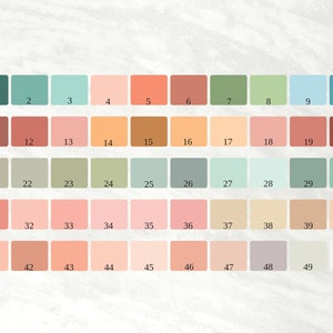May include: A color palette featuring 50 numbered color swatches in various shades. The squares are arranged in rows and columns, showcasing a range of hues from greens and blues to pinks, oranges, and neutrals. Ideal for design inspiration.