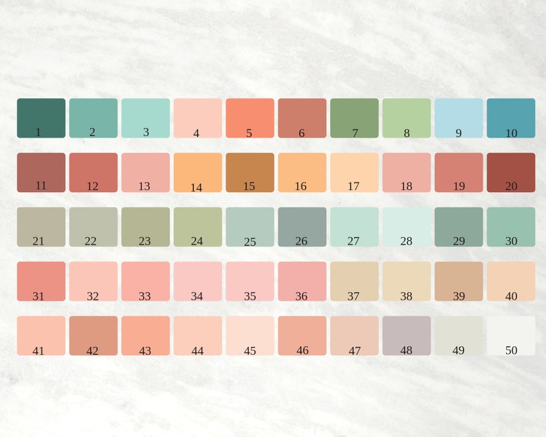 May include: A color palette featuring 50 numbered color swatches in various shades. The squares are arranged in rows and columns, showcasing a range of hues from greens and blues to pinks, oranges, and neutrals. Ideal for design inspiration.