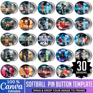 May include: A collection of 30 softball pin button designs. Each button features a player in action, with text such as "Match Day", player names, and team details. The buttons have a metallic border and are set against a blurred background.