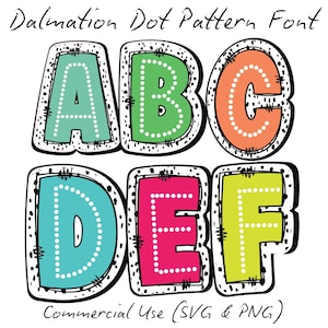 Paquete PNG de letras con lunares dálmatas, alfabeto de puntos de marquesina escrito a mano, 5 conjuntos de letras, letras de lunares de colores brillantes, sublimación digital
