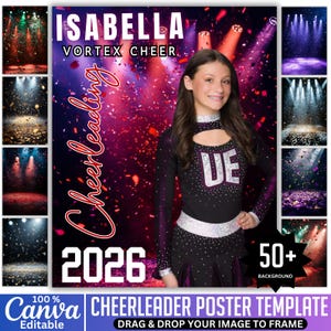 50 Cheerleading Backdrops Bundle, Senior Cheer Team Poster, Cheerleader Poster Canva Editable Template, Custom Cheer Digital Background