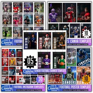 May include: A collection of editable Canva templates for football, including banners, Instagram posts, and posters. Designs feature player graphics, team names, and the text "100% Canva Editable". Templates are available for senior football and include various design options.