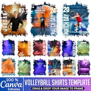 May include: A collection of editable volleyball shirt templates with various designs. Each template features a player image, team name, and the text "Match Day" in a dynamic layout. The templates are customizable with Canva.