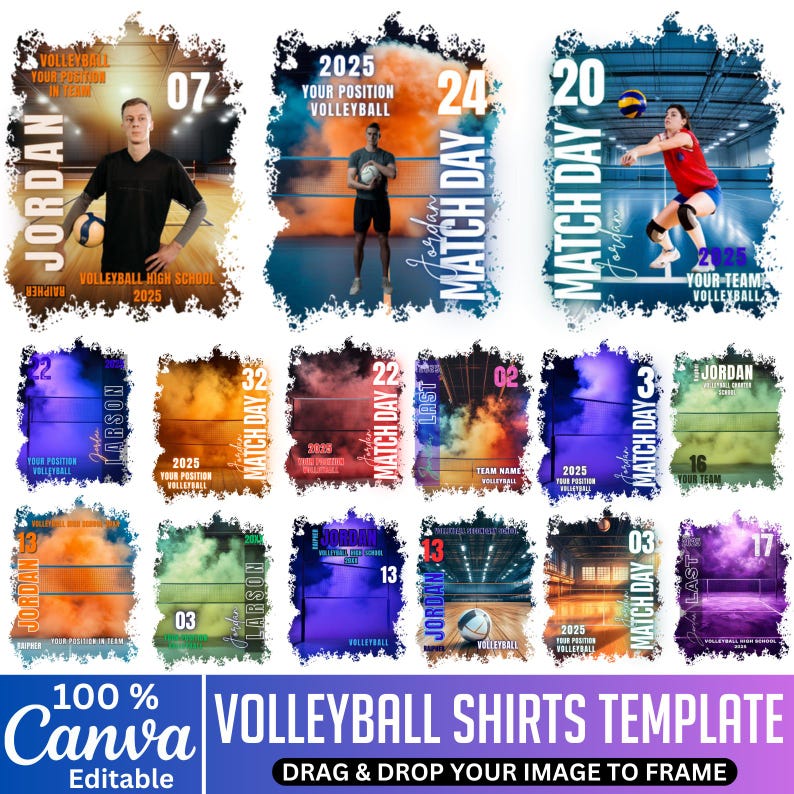May include: A collection of editable volleyball shirt templates with various designs. Each template features a player image, team name, and the text "Match Day" in a dynamic layout. The templates are customizable with Canva.