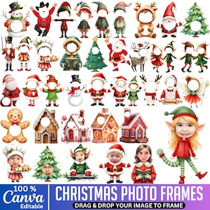 Op de afbeelding: Een verzameling kerstfotolijsten met verschillende personages zoals de kerstman, elfen, sneeuwmannen en peperkoekenmannen. De lijsten zijn ontworpen met uitsparingen voor het invoegen van afbeeldingen, samen met decoratieve elementen zoals kerstbomen en huizen. De tekst luidt "Christmas Photo Frames".
