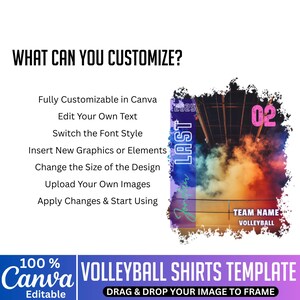 May include: A volleyball shirts template with customizable options. The design features a colorful, smoky background with the text "LAST" and the number "02". The template is editable in Canva, allowing users to add their own text, graphics, and images.