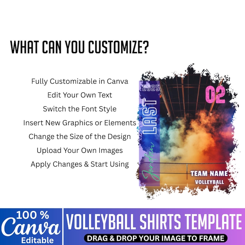 May include: A volleyball shirts template with customizable options. The design features a colorful, smoky background with the text "LAST" and the number "02". The template is editable in Canva, allowing users to add their own text, graphics, and images.