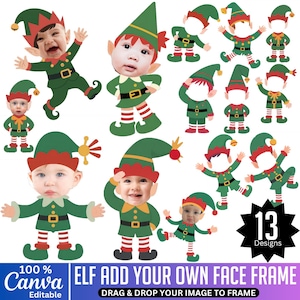Può includere: Una collezione di 13 disegni di elfi con abiti verdi e rossi, cappelli e scarpe. I disegni sono pensati per avere un volto aggiunto. Il testo "ELF ADD YOUR OWN FACE FRAME" è visibile.